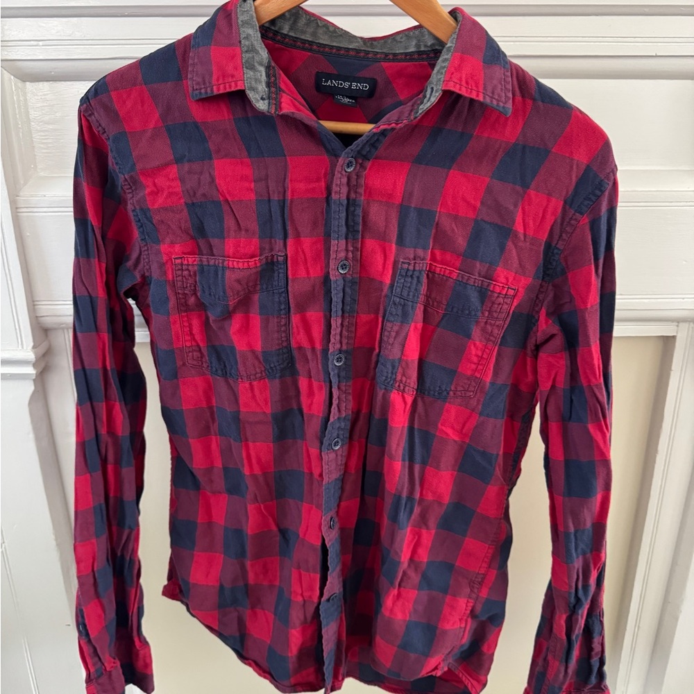 Lands' End Men's Red and Navy Checkered Shirt